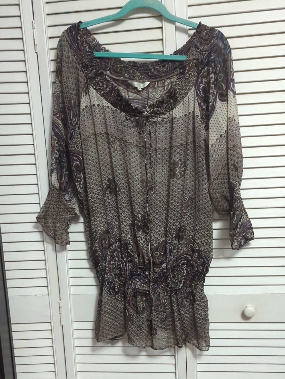 "Costa Blanca" Taupe and Purple Paisley Peasant Tunic